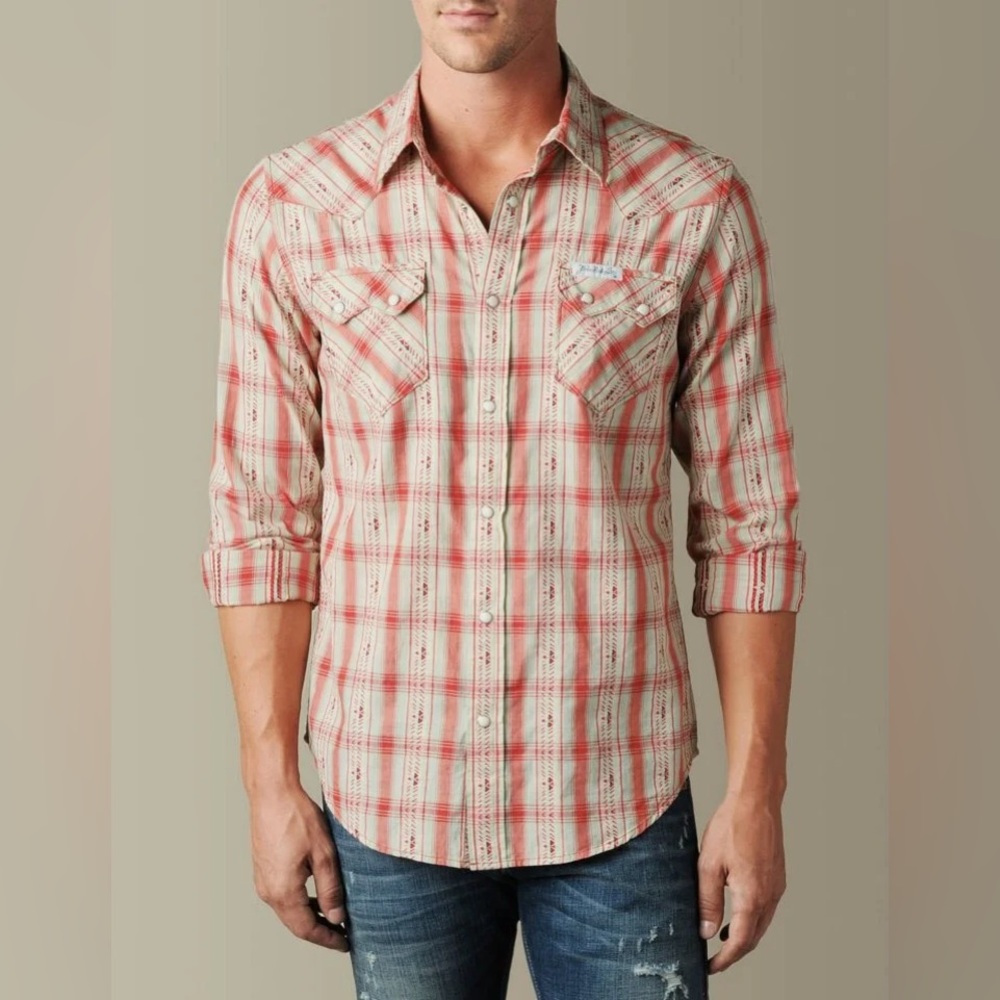 True Religion Western Shirt Men’s XXL 100% Cotton Long Sleeve White Red Pink - Picture 1 of 10